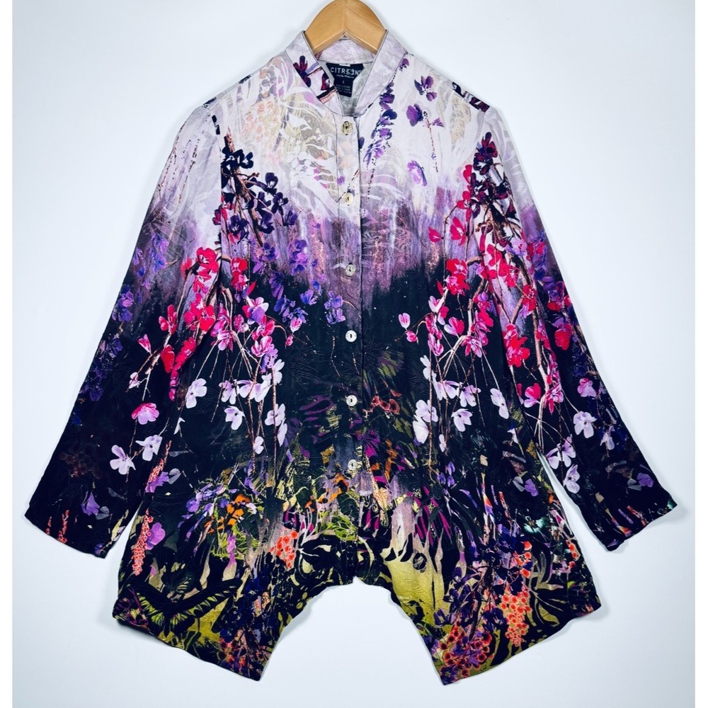 Citron Santa Monica Floral Tunic Blouse Large Purple Black Art Sharkbite Hem